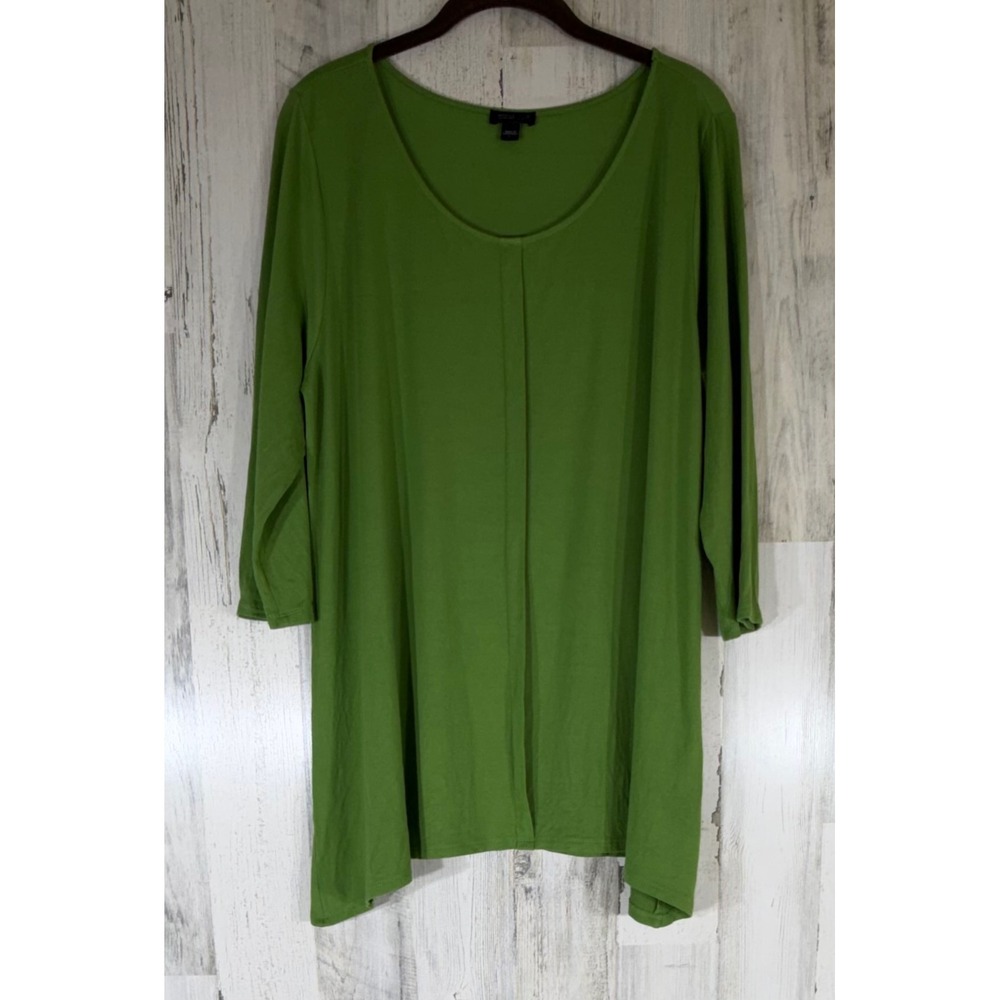 J Jill Wearever Tunic Scoop‎ Neck Large Leaf Green 3/4 Sleeve Pleat Front READ